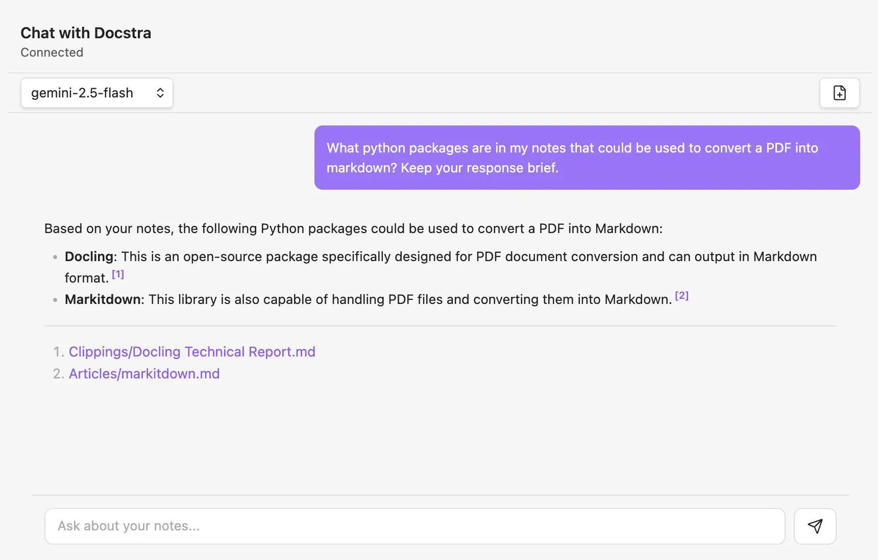 Chat With Your Notes example in EzRAG obsidian Plugin